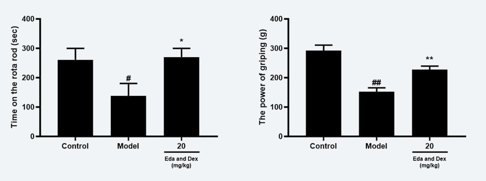 神经职能药效学调查：C 转棒滞留功夫；D 抓握力（mean±SEM）.jpg