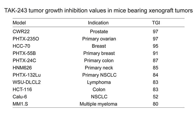 TAK-243是一种有效的泛素激活酶幼分子抑造剂，拥有体内抗肿瘤功效，通过J9集团使用HCC70模型进行